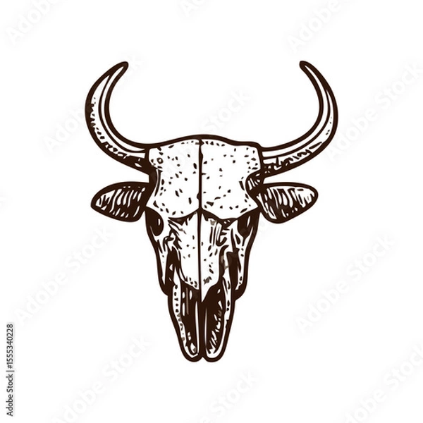 Obraz Tribal bull skull with horns drawn in desert tattoo style – traditional Native American and Southwestern motif for rustic logo design, cowboy decor, or boho Western art on transparent SVG background