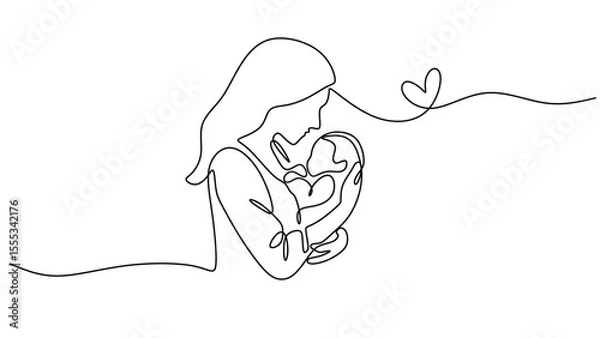 Fototapeta Authentic Mother and Child One Line Drawing for Family Logo