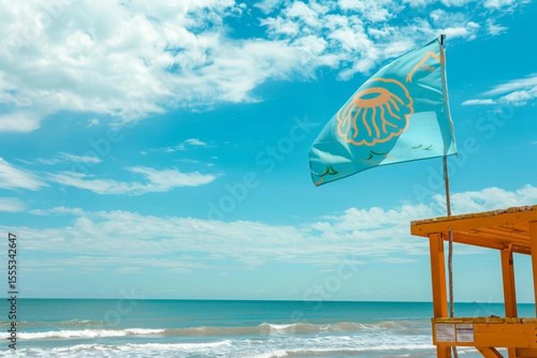 Fototapeta Jellyfish Flag Alerts Beachgoers to Swim With Caution Due to Potential Stings From Marine Creatures in the Sea