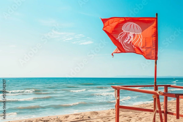 Fototapeta Jellyfish Flag Flying Above Lifeguard Tower Warns Swimmers of Possible Stings and Marine Hazards During Vacation Season