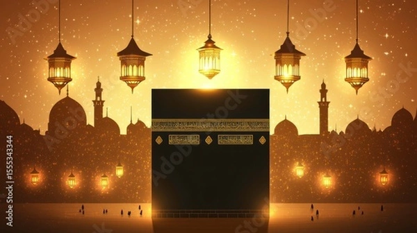 Fototapeta Illuminated Kaaba with Lanterns Against a Sparkling Night Sky
