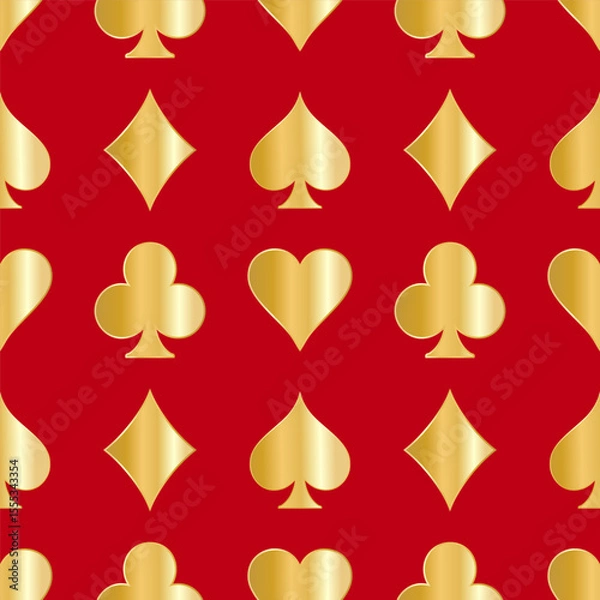Fototapeta Seamless pattern of playing card symbols. Golden spades; clubs; hearts; diamonds on a red background. Vector illustration