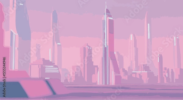 Fototapeta Retro‑futuristic city skyline in pastel gradients with sleek geometric shapes and subtle metallic art deco accents