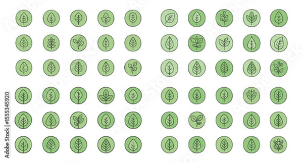 Fototapeta  large set of hand-drawn ecological icons in shades of green. The circular symbols depict plants, trees, leaves, and sustainability concepts. 