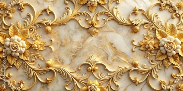 Fototapeta Luxurious marble surface adorned with embossed floral patterns in golden hues, ornate, golden,  ornate