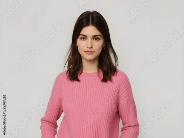 Obraz Smiling Woman with Brown Hair Wears a Pink Sweater in a Studio Portrait Against a Neutral Background