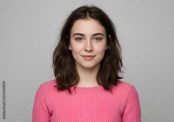 Obraz Smiling Woman with Brown Hair Wears a Pink Sweater in a Studio Portrait Against a Neutral Background