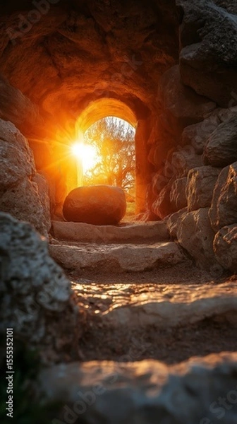 Obraz Empty tomb of Jesus at sunrise with golden light illuminating the ancient stone interior