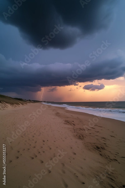 Fototapeta Thunderstorm approaching across a sandy beach, dark storm clouds filling the sky, distant lightning