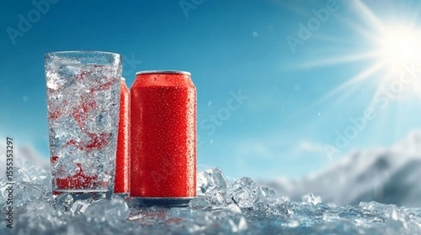 Fototapeta Red Soda Cans and Iced Beverage with Ice Cubes