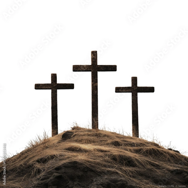 Obraz Three wooden crosses standing on ground with clean white background