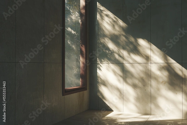 Fototapeta Minimalist interior building facade featuring a window with natural light streaming through