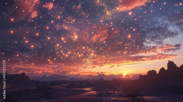 Fototapeta Sunset over the mountains with a glowing, colorful sky