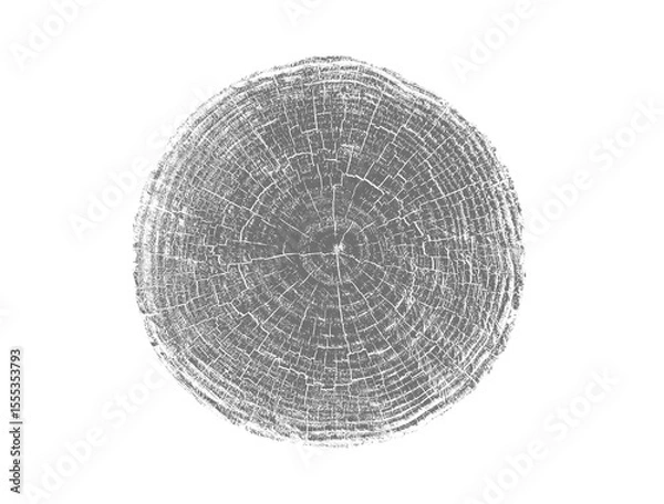 Fototapeta Black and white stamp of wood texture of tree rings from a slice of log. Negative image of cut tree slice, isolated on white background