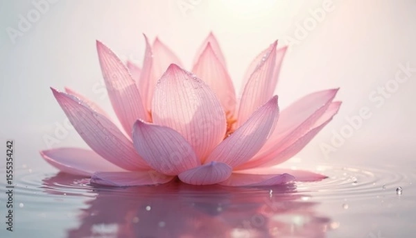 Fototapeta Pink lotus flower floating water. Beautiful blossom reflects in water. Symbol of purity, enlightenment, rebirth. Floral design element for meditation, yoga, spa, wellness concepts. Nature background,
