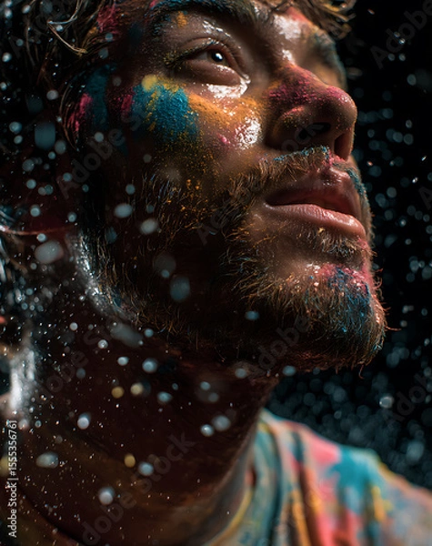 Fototapeta Closeup Portrait of a Man Covered in Colorful Powder and Glitter Against a Dark Background