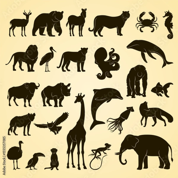 Obraz Animals silhouettes including mammals, birds, reptiles, and sea creatures.
