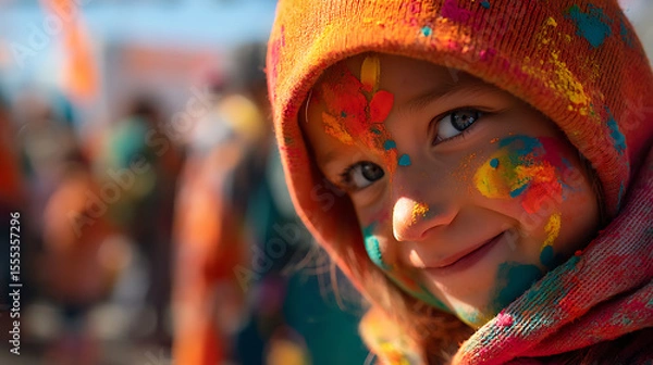 Fototapeta Portrait of a Happy Child Covered in Colorful Paint at a Festive Celebration