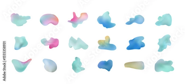 Fototapeta Modern set of fluid teal, blue, yellow and pink mesh gradient organic shapes. Abstract light colour liquid digital watercolor stains and freehand blobs for business design, banner, ui app