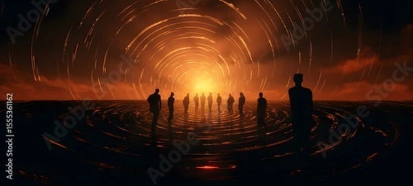 Fototapeta pop surreal unreal silhouettes spiral towards sun,ai generatif