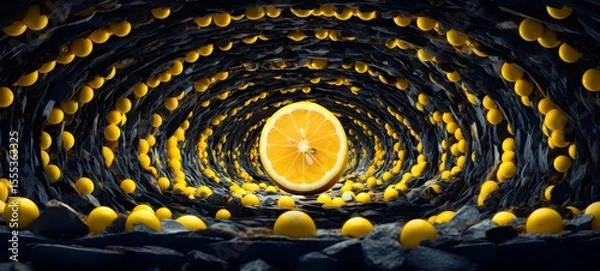 Obraz pop surreal unreal silhouettes spiral towards lemon slice,ai generatif