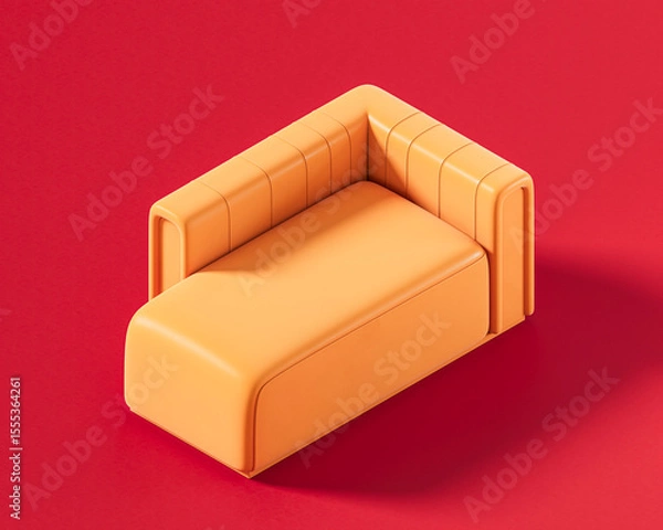 Fototapeta Single color,A contemporary orange chaise lounge or single-seater sofa with a low-profile design and ribbed backrest details on a bold red background, 3d render