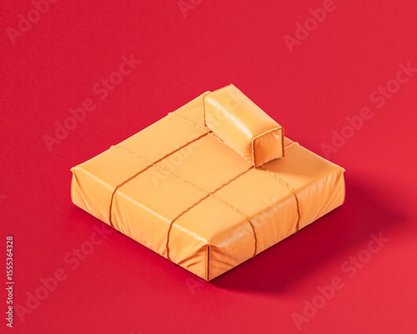 Fototapeta Minimalist orange modular seating unit or ottoman, featuring distinct segmented cushions and a low profile on a vibrant red background, 3d rendering