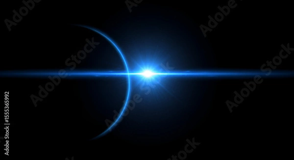 Fototapeta Captivating blue light flare with spherical arc on a dark background creates a dramatic visual effect