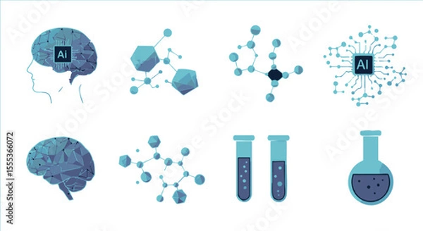 Fototapeta set of icons related to artificial intelligence, science, and biotechnology. The collection includes symbols of a human brain with an AI chip, 