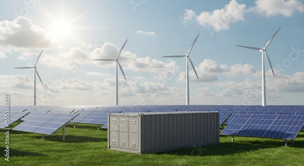 Fototapeta Sustainable future: Solar panels, wind turbines, and energy storage container