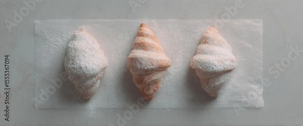 Fototapeta Three Delicious Croissants On Baking Paper
