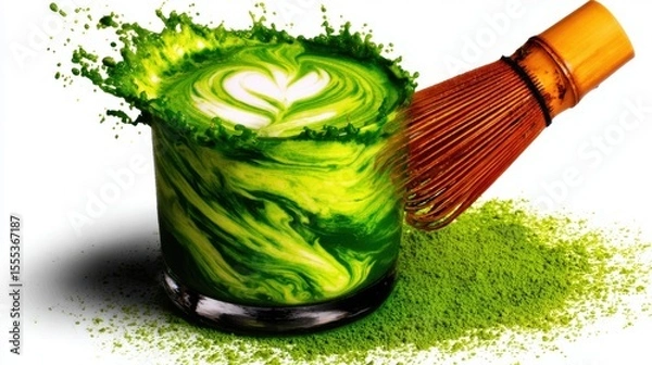 Fototapeta Vibrant Green Matcha Drink with Heart Foam and Bamboo Whisk