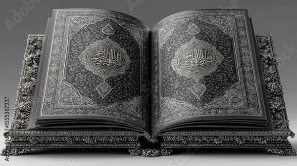 Fototapeta Vintage Open Book With Ornate Stand On Gray Background