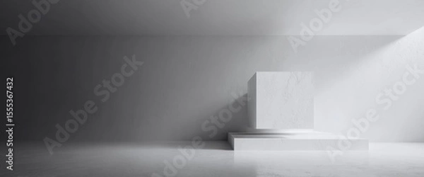 Fototapeta White Cube On Platform Minimalist Abstract Geometric Studio Scene