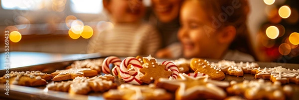 Obraz Freshly baked Christmas cookies with mother and child laughing in the background