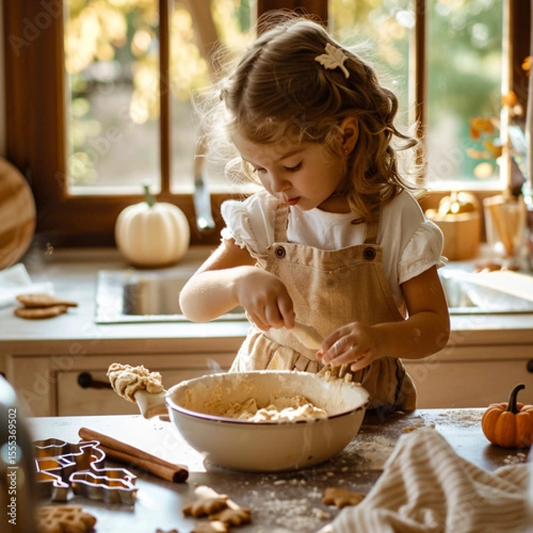 Obraz Little girl mixing cookie dough on a sunny kitchen counter with autumn decorations