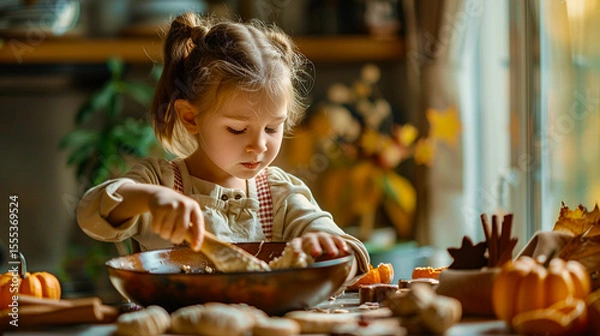 Obraz Little girl mixing cookie dough on a sunny kitchen counter with autumn decorations