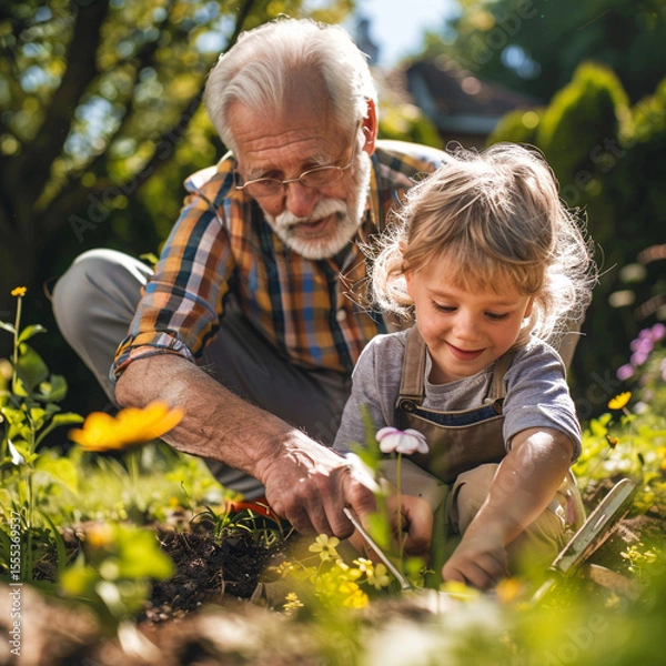 Obraz Grandfather and grandchild planting flowers in backyard garden