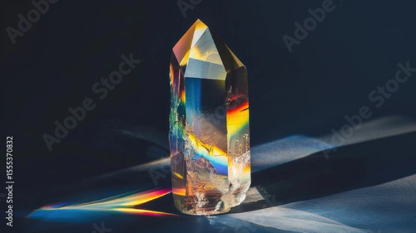 Fototapeta Stunning Crystal Sculpture with Reflective Surfaces and Vibrant Rainbow Light Displaying Unique Geometric Shape on Dark Background