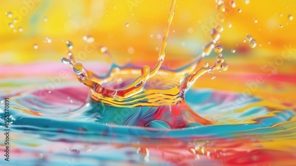 Fototapeta Colorful Water Splash With Vibrant Background and Beautiful Reflection in Bright Abstract Composition of Yellow and Blue Hues