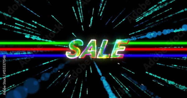 Fototapeta Glowing SALE text flashing at center of graphic, with neon lines and radiating particles