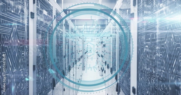 Fototapeta Digital security lock image over data servers in technology center