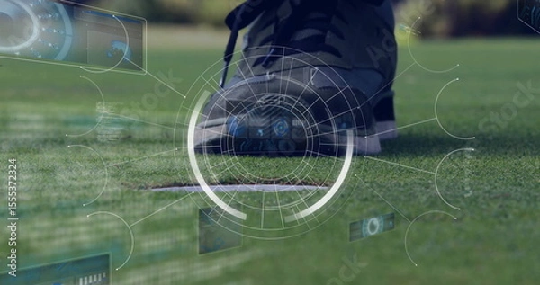Obraz Displaying black athletic golf shoe near golf hole undergoing analysis on putting green, with HUD
