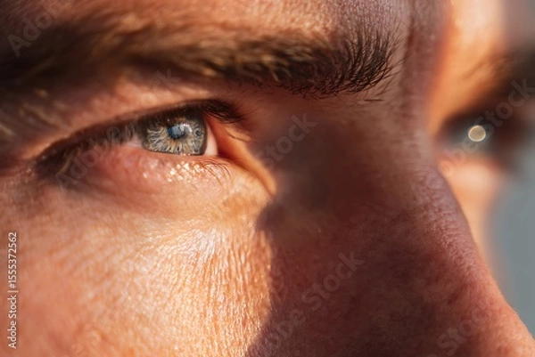 Fototapeta White man's eyes with proud expression, distant gaze, morning sunlight reflection, glowing iris