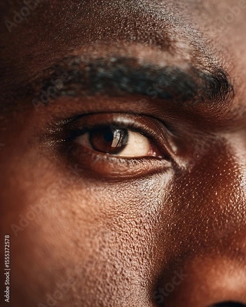 Fototapeta A black man's eyes filled with sadness under clinical white light.