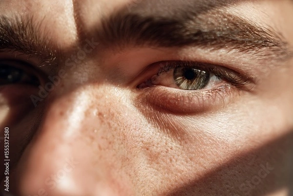 Fototapeta White man's eyes with proud expression, distant gaze, morning sunlight reflection, glowing iris