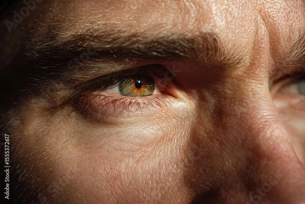 Fototapeta White man's eyes with proud expression, distant gaze, morning sunlight reflection, glowing iris