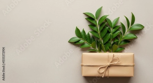 Obraz Wrapped present with twine and vibrant greenery against a neutral backdrop