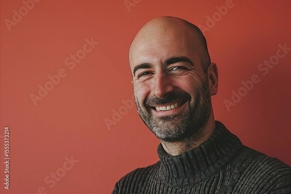 Fototapeta Portrait of a smiling middle-aged man on a red background