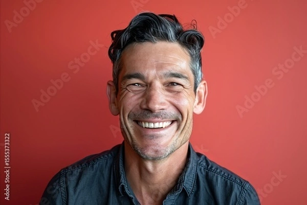 Fototapeta Portrait of a happy senior man smiling at the camera against a red background